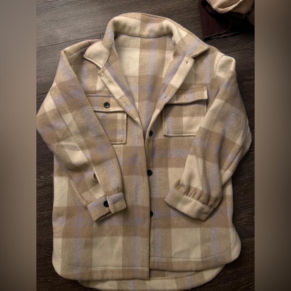 Plaid Shirt Jacket - Purple, Tan, White Tones